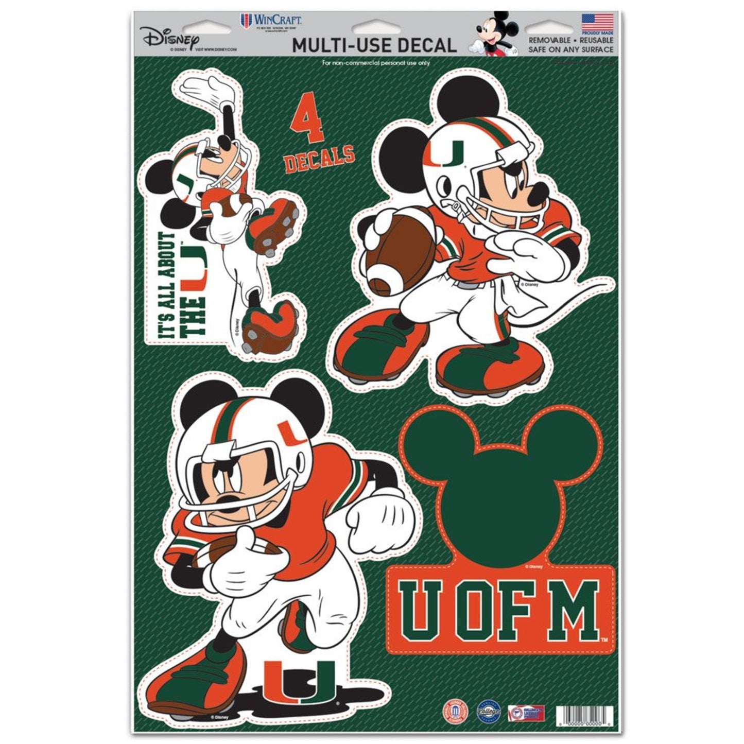 WinCraft Miami Hurricanes Mickey Mouse Multi-Use Decal 11" x 17"