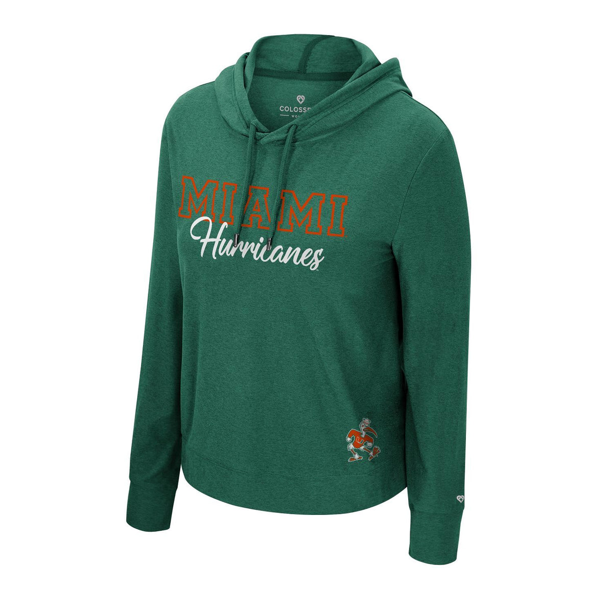 Colosseum Miami Hurricanes Women's Green Sebastian the Ibis Delicate Ecosystem T-Shirt
