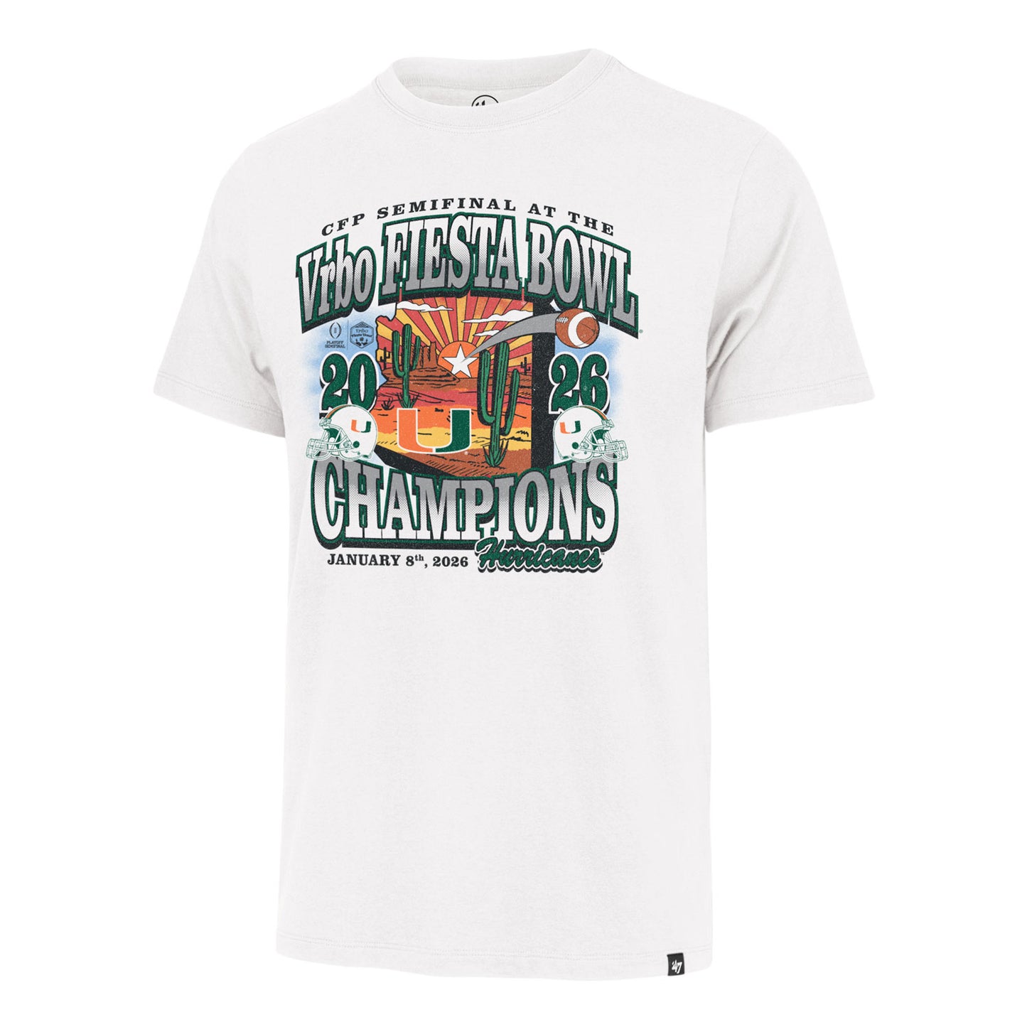 '47 Brand Miami Hurricanes White 2025 Vrbo Fiesta Bowl Champions Desert T-Shirt