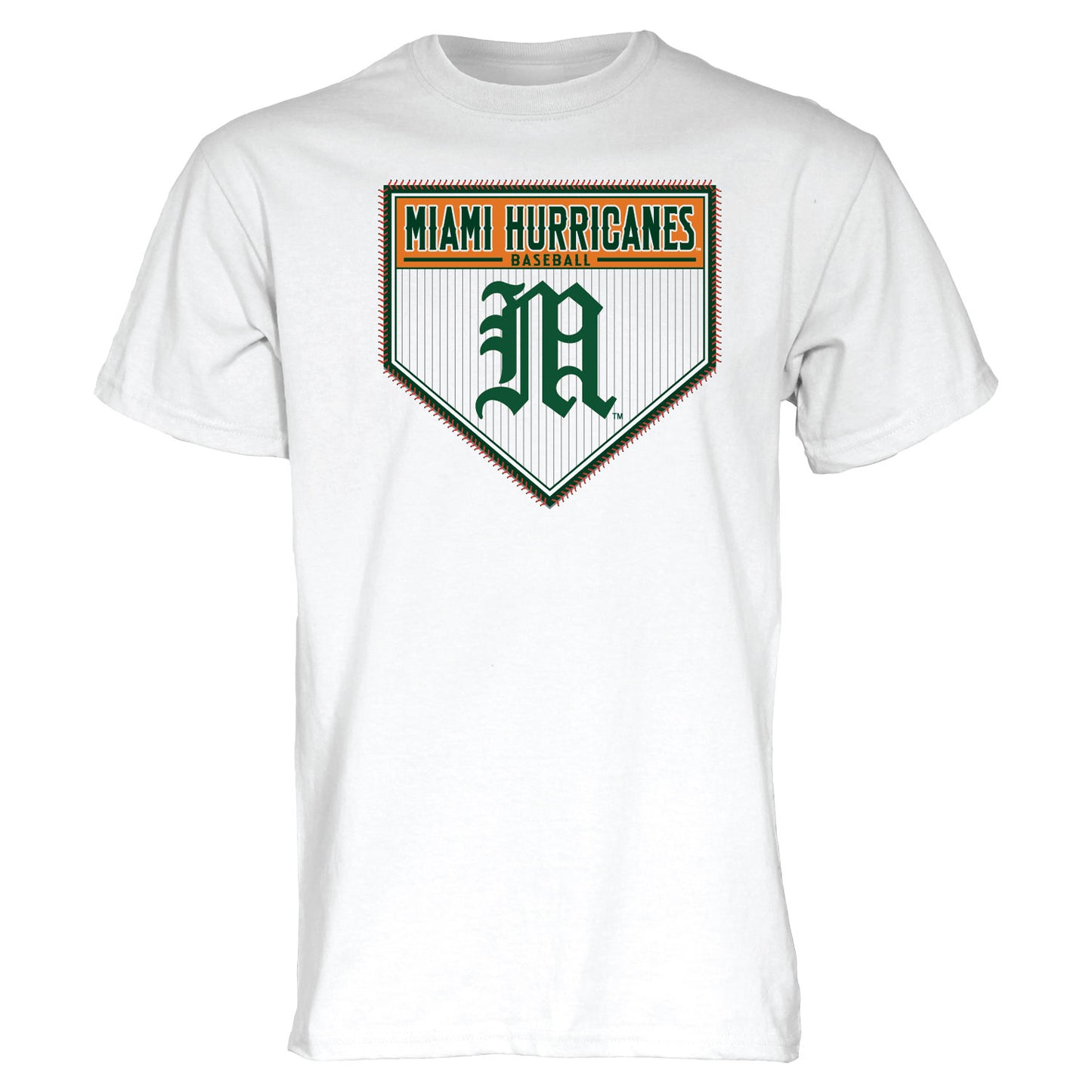 Blue 84 Miami Hurricanes White Old English "M" Baseball Home Plate Short Sleeve T-Shirt