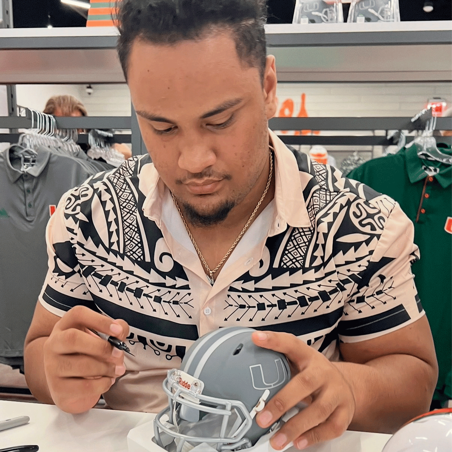 Riddell Miami Hurricanes Student Athlete #61 Francis Mauigoa Autographed Slate Mini Football Helmet