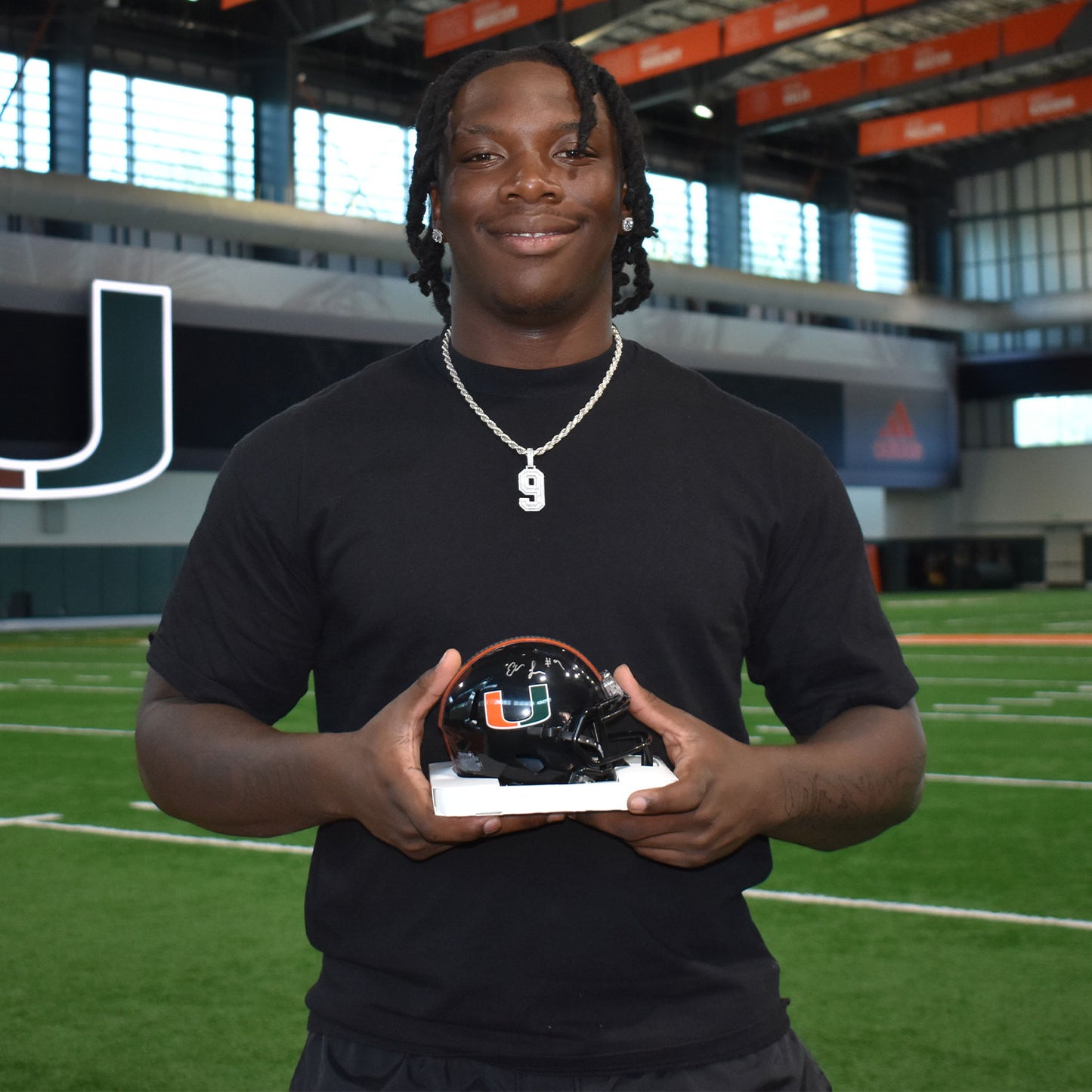 Riddell Miami Hurricanes Student Athlete #9 Elija Lofton Autographed Black Mini Football Helmet