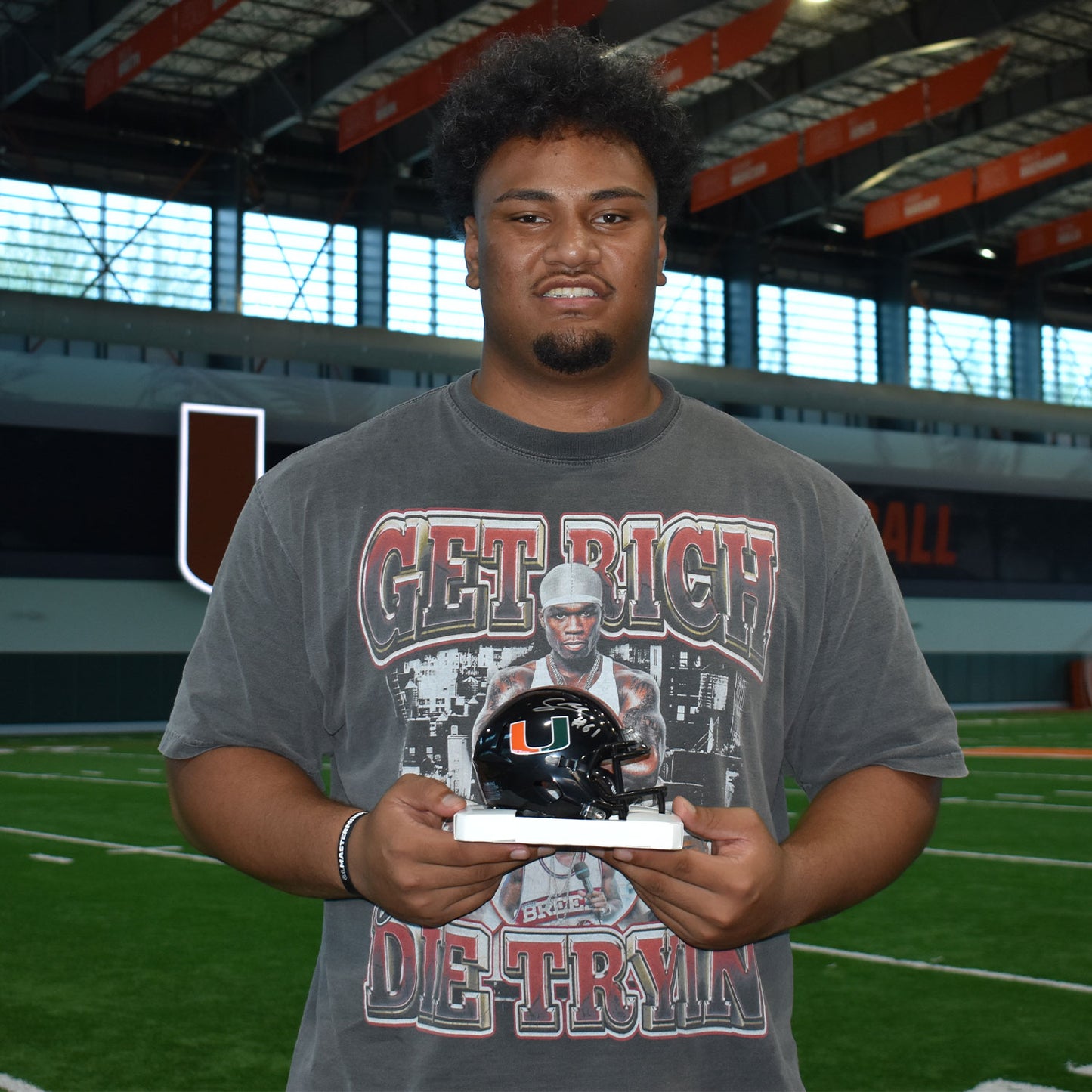 Riddell Miami Hurricanes Student Athlete #61 Francis Mauigoa Autographed Black Mini Football Helmet