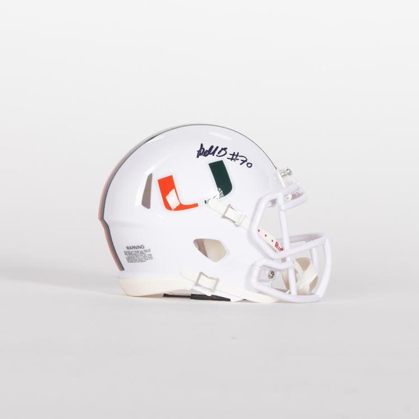 Riddell Miami Hurricanes Student Athlete #70 Markel Bell Autographed White Mini Football Helmet