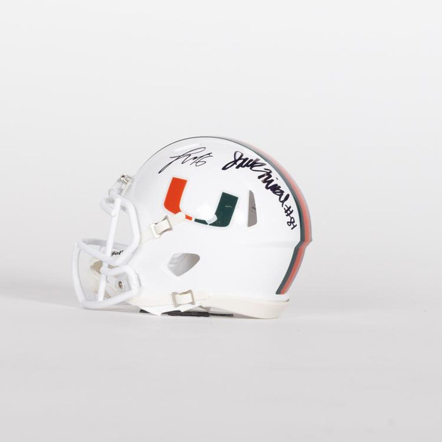 Riddell Miami Hurricanes Student Athletes #16 Luke Nickel & #84 Jack Nickel Autographed White Mini Football Helmet