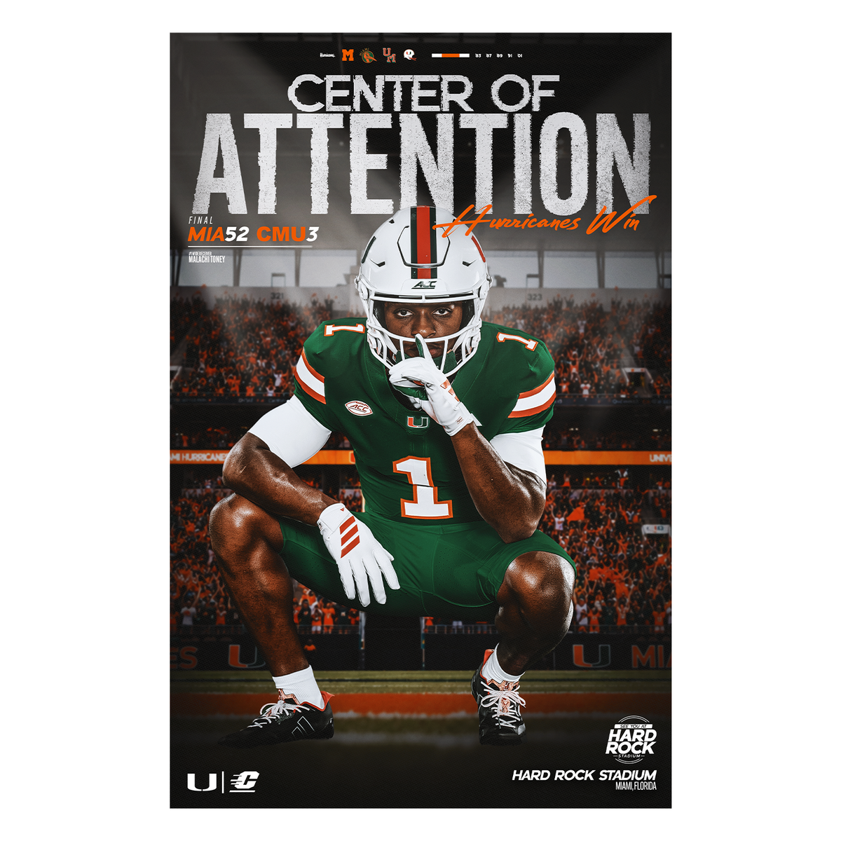 University of Miami Hurricanes 2026 Center of Attention Central Michigan Victory Poster