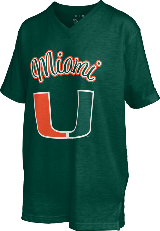 Pressbox Miami Hurricanes Women's Green Pensacola V-Neck T-Shirt