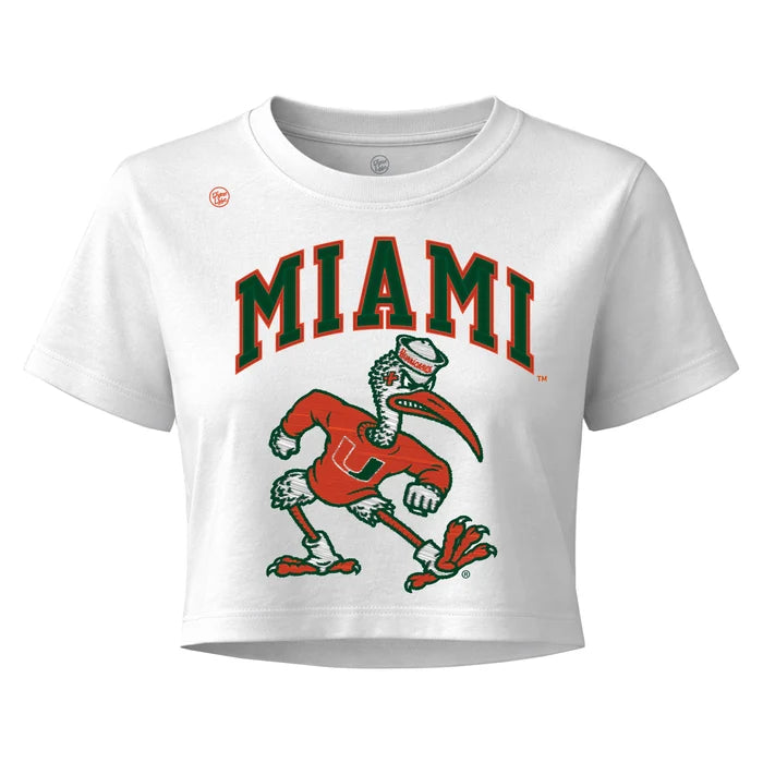 Dyme Lyfe Miami Hurricanes Women’s White Miami Ibis Crop T-Shirt