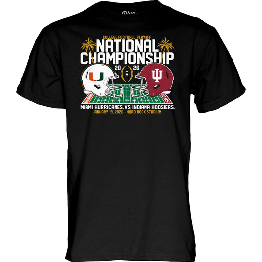 Blue 84 Miami Hurricanes Black 2026 National Championship Matchup T-Shirt