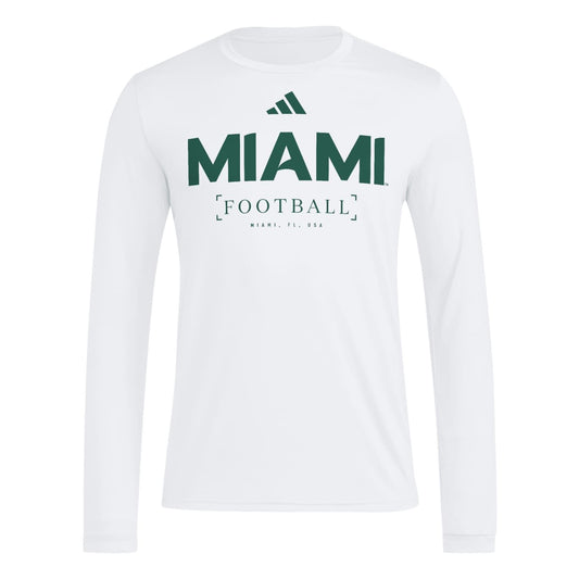 adidas Miami Hurricanes Men's White Pregame Practice Long Sleeve T-Shirt