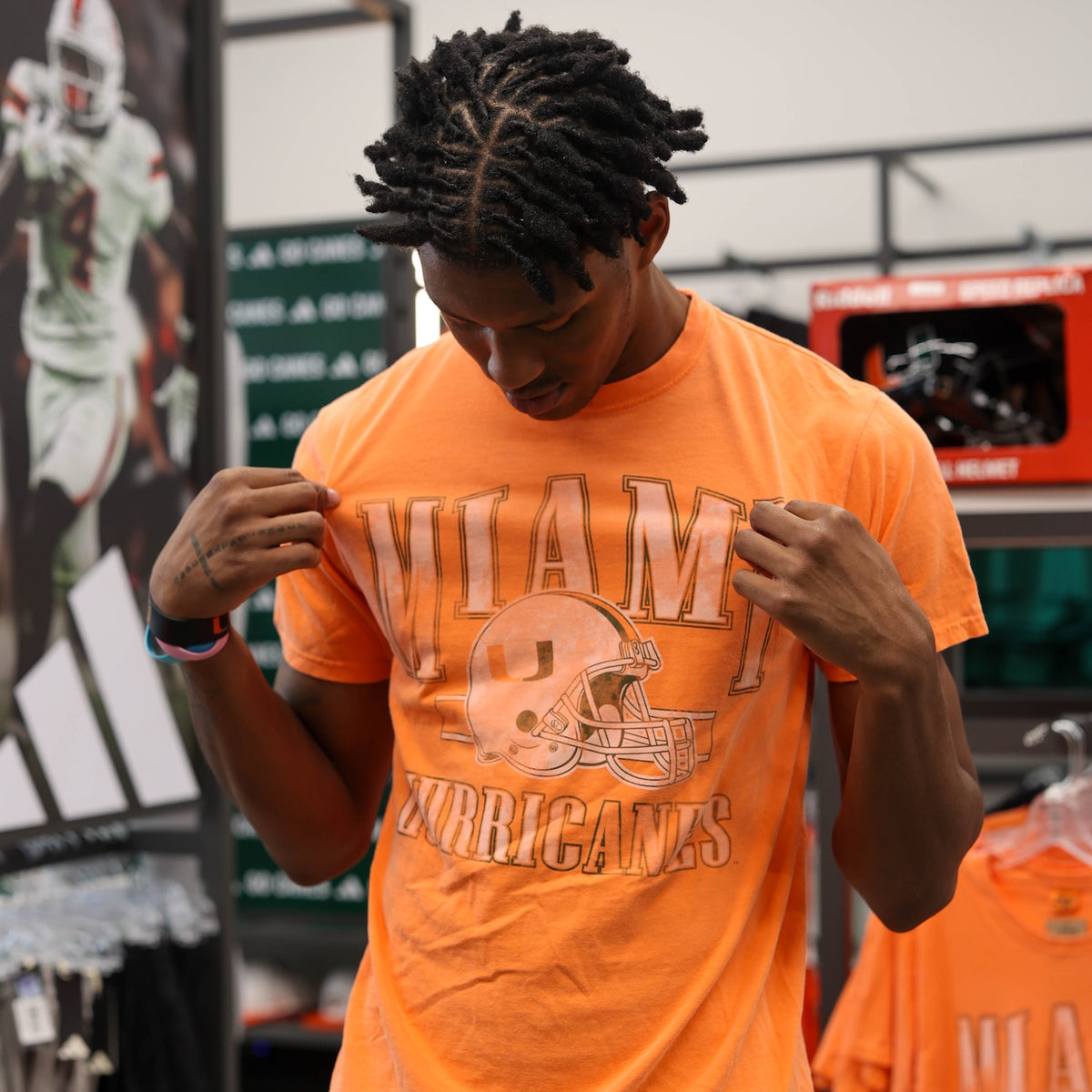 Blue 84 Miami Hurricanes Orange Vintage Football Helmet T-Shirt