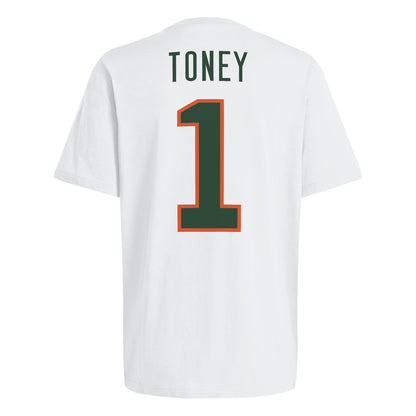 adidas Miami Hurricanes White Malachi Toney #1 T-Shirt
