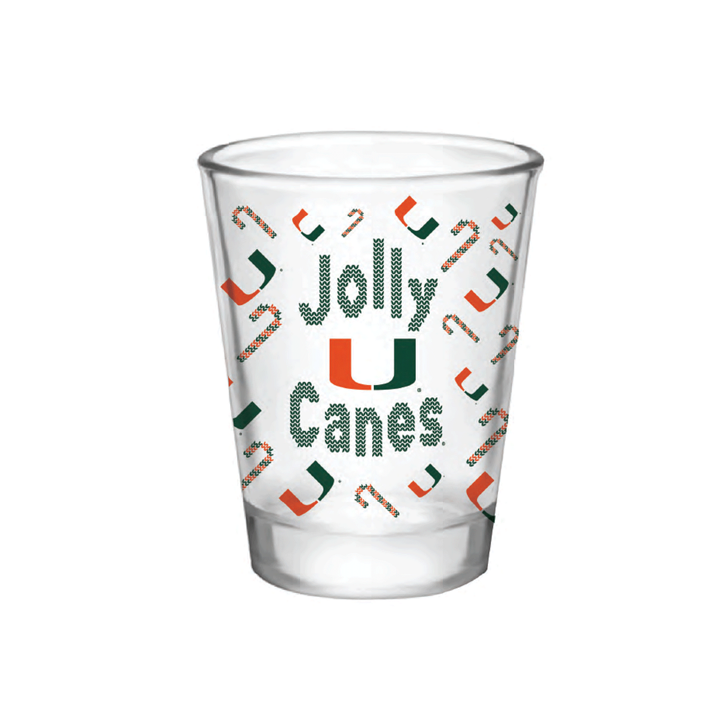 Indigo Falls Miami Hurricanes Holiday Jolly Canes 2oz Shot Glass