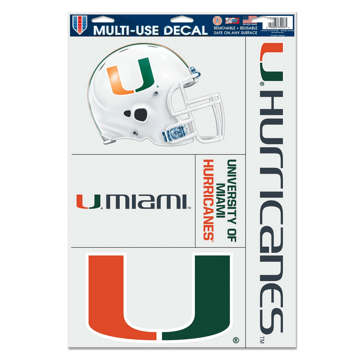 WinCraft Miami Hurricanes Football 5 Pc Multi-Use Decal Set