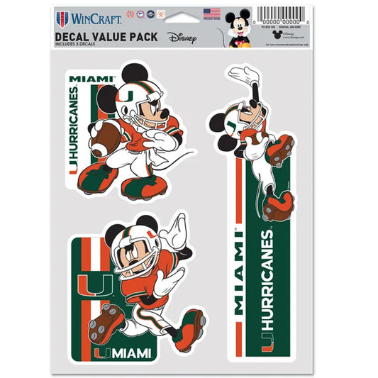 WinCraft Miami Hurricanes Orange and Green Disney Mickey Football Decal 3-Pack