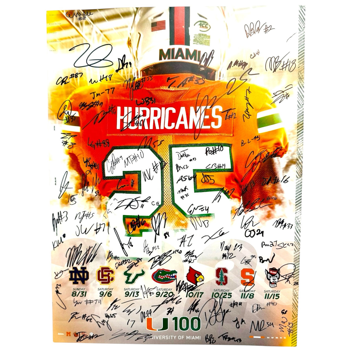 University of Miami Hurricanes 2025 Team Autographed Schedule Poster