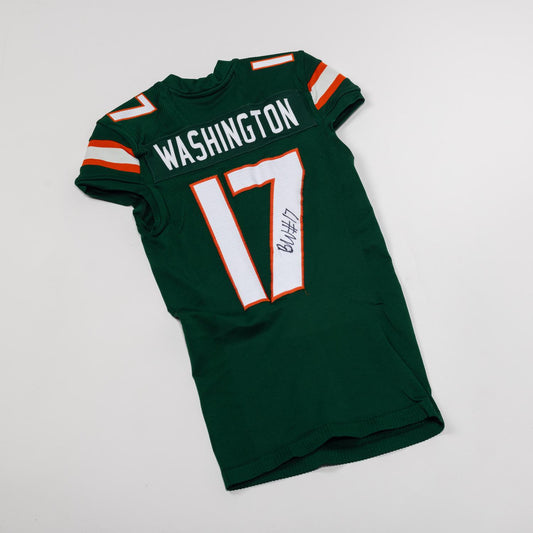 adidas Miami Hurricanes 2023 Student Athlete #17 Bobby Washington, Jr. Autographed Green Game-Worn Football Jersey