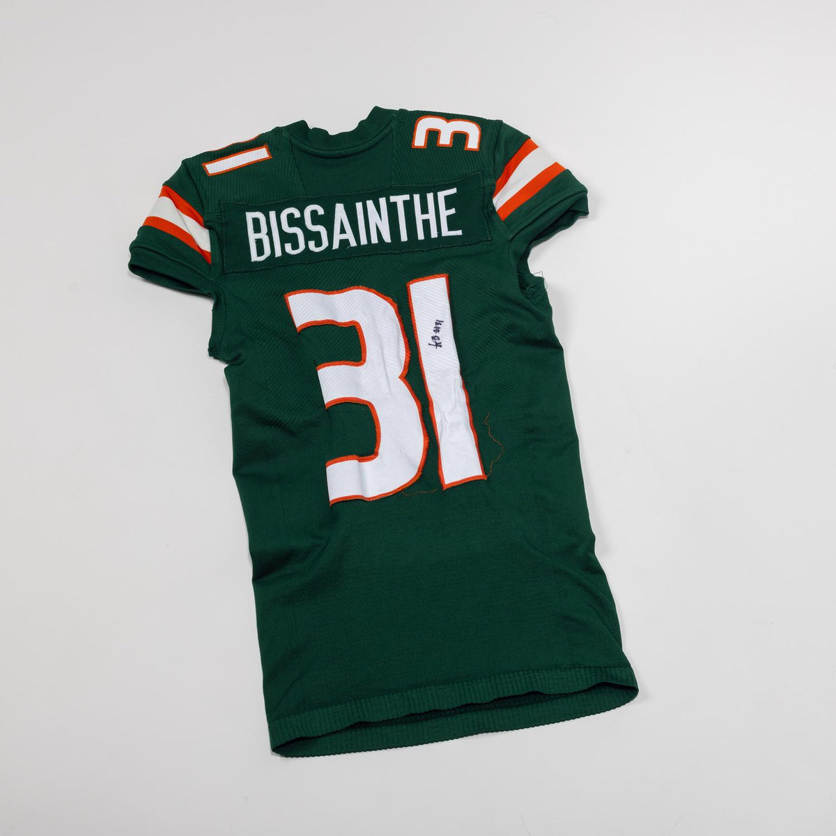 adidas Miami Hurricanes 2023 Student Athlete #31 Wesley Bissainthe Autographed Green Game-Worn Football Jersey