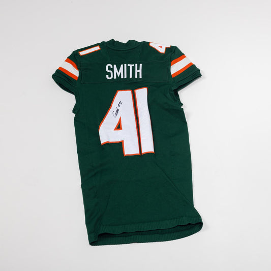 adidas Miami Hurricanes 2023 Student Athlete #41 Chase Smith Autographed Green Game-Worn Football Jersey