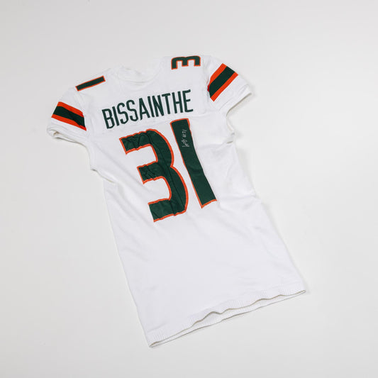 adidas Miami Hurricanes 2023 Student Athlete #31 Wesley Bissainthe Autographed White Game-Worn Football Jersey