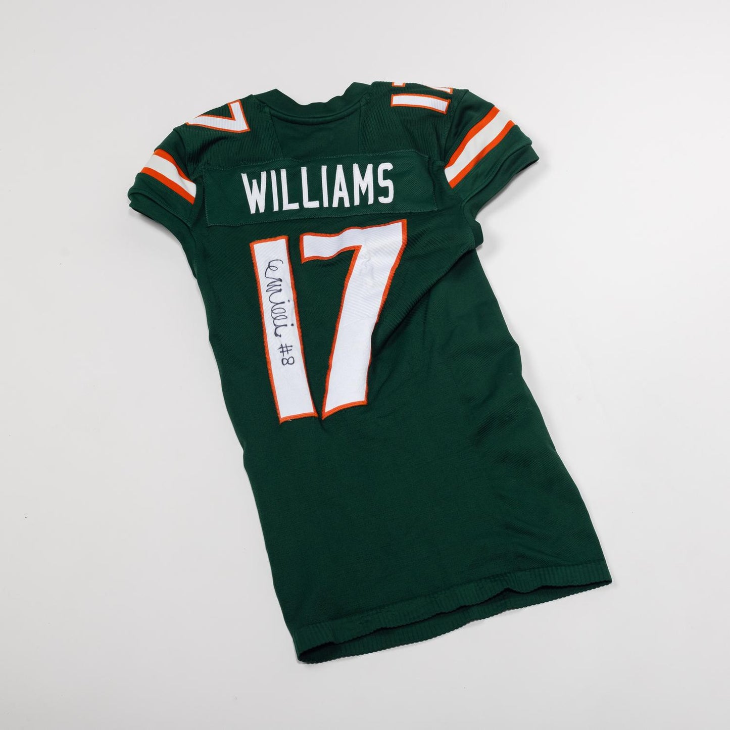 adidas Miami Hurricanes 2023 Student Athlete #17 Emory Williams Autographed Green Game-Worn Football Jersey