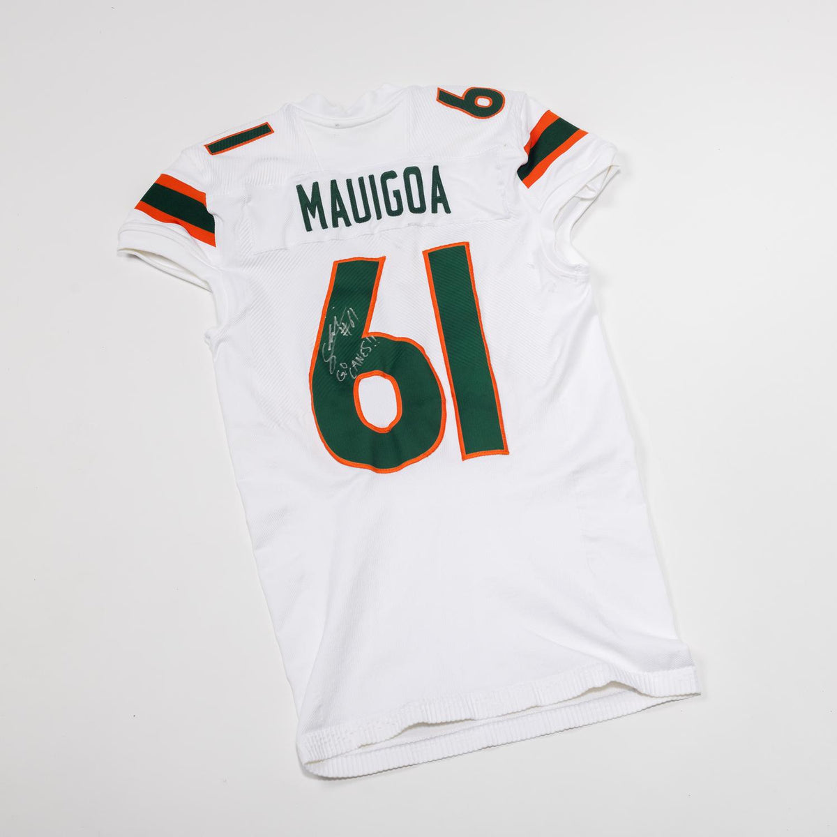 adidas Miami Hurricanes 2024 Student Athlete #61 Francis Mauigoa Autographed White Game-Worn Football Jersey