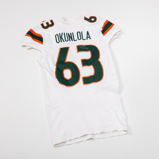 adidas Miami Hurricanes 2024 Student Athlete #63 Samson Okunlola Autographed White Game-Worn Football Jersey