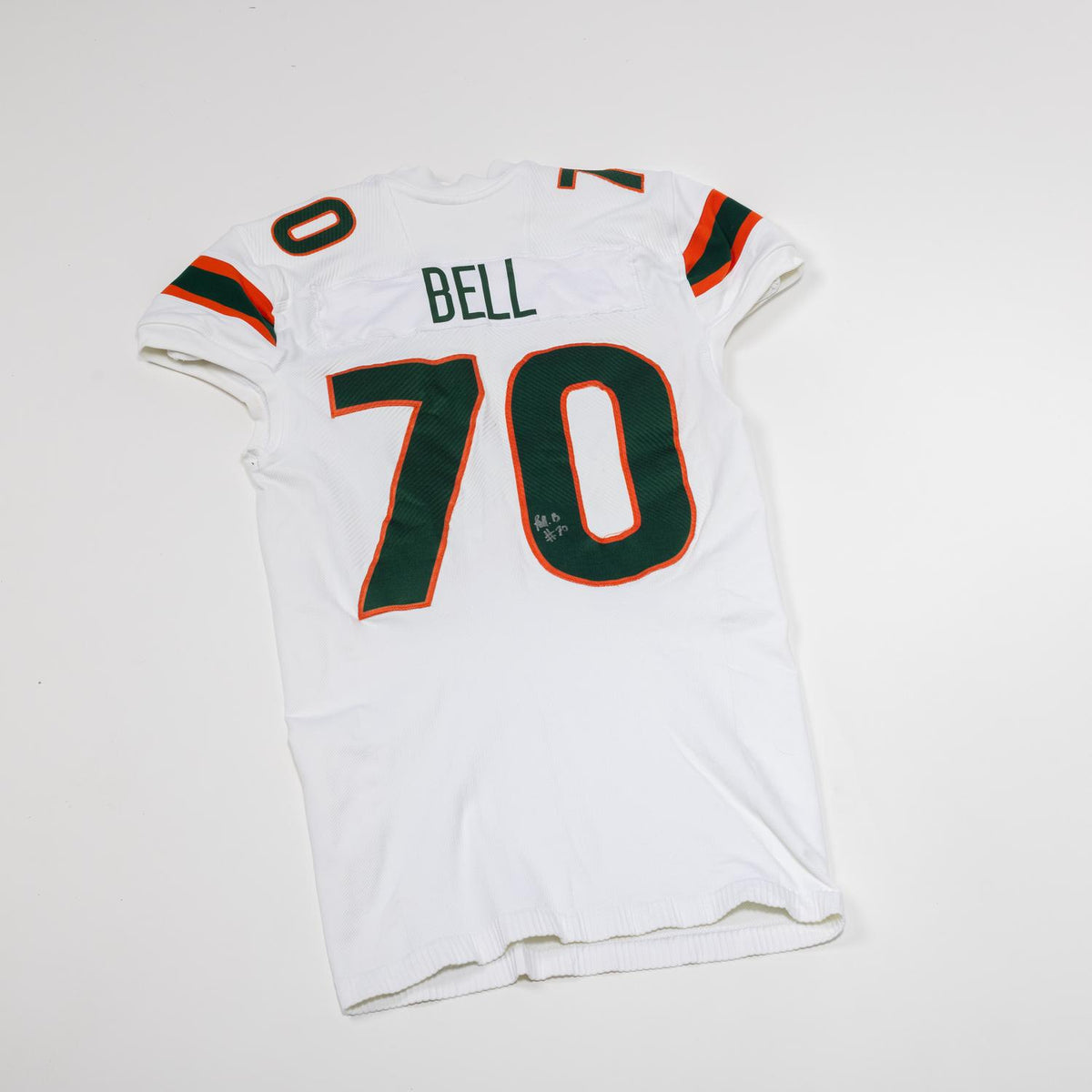 adidas Miami Hurricanes 2024 Student Athlete #70 Markel Bell Autographed White Game-Worn Football Jersey