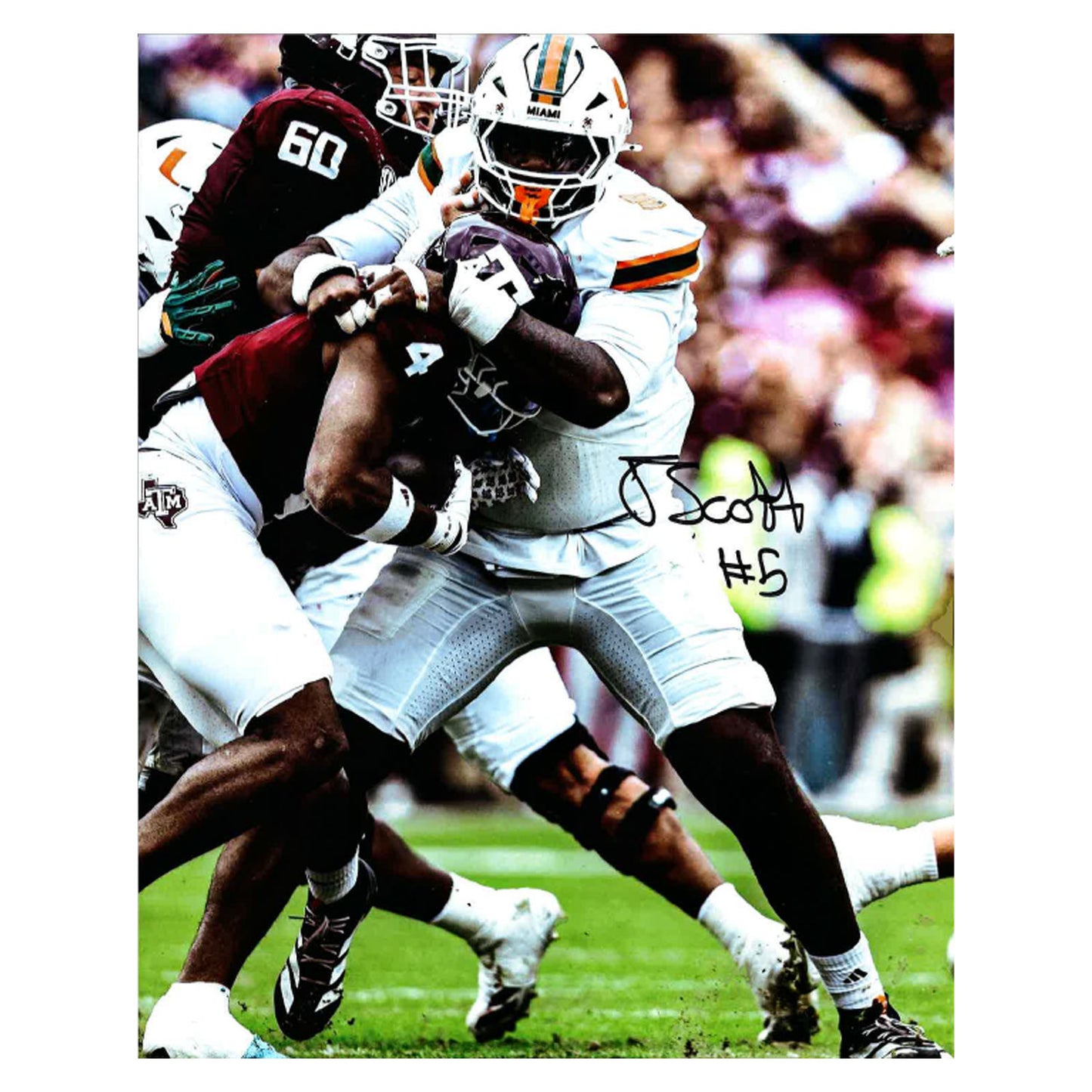 University of Miami Miami Hurricanes Student Athlete #5 Justin Scott 8"X10" Texas A&M Action Autographed Photo