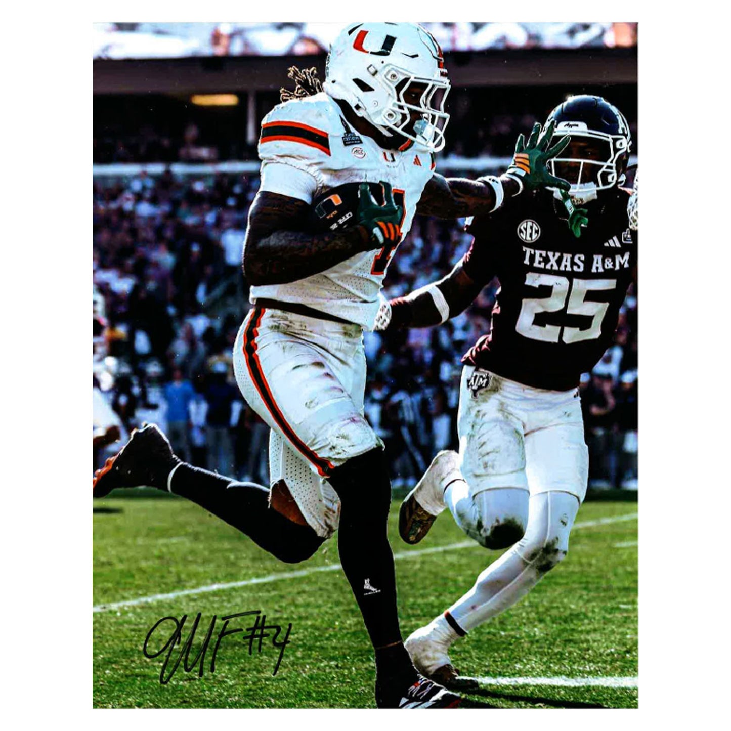 University of Miami Miami Hurricanes Student Athlete #4 Mark Fletcher Jr. 8"X10" Texas A&M Action Autographed Photo