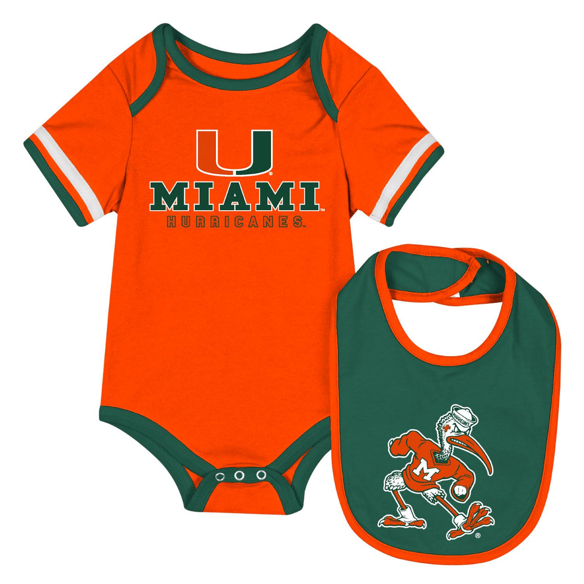 Colosseum Miami Hurricanes Infant Orange Onesie and Green Bib