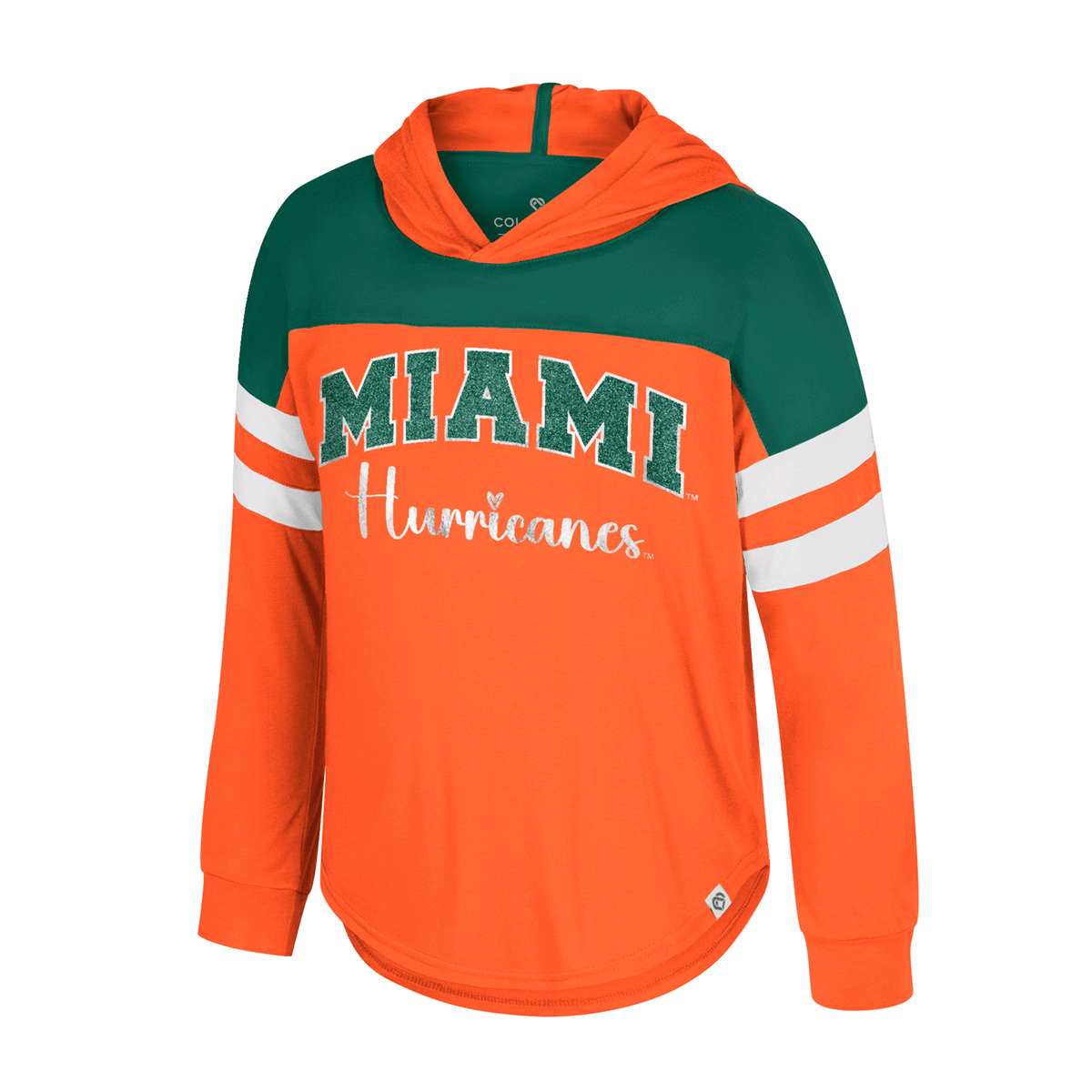 Colosseum Miami Hurricanes Girls Orange and Green Glitter Hoodie