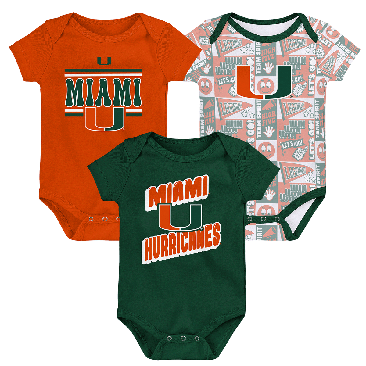 Outerstuff Miami Hurricanes Infant 3 Piece Onesie Set - Multi View