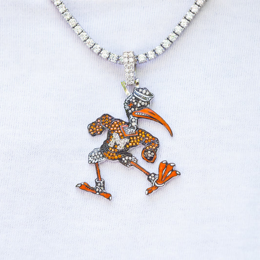 GLD Miami Hurricanes White Gold Sebastian the Ibis Pendant 2mm Diamond Tennis Chain 22"