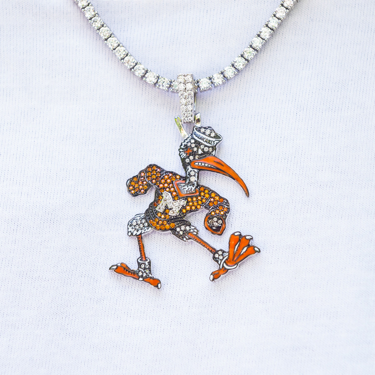 GLD Miami Hurricanes White Gold Sebastian the Ibis Pendant 2mm Diamond Tennis Chain 22"