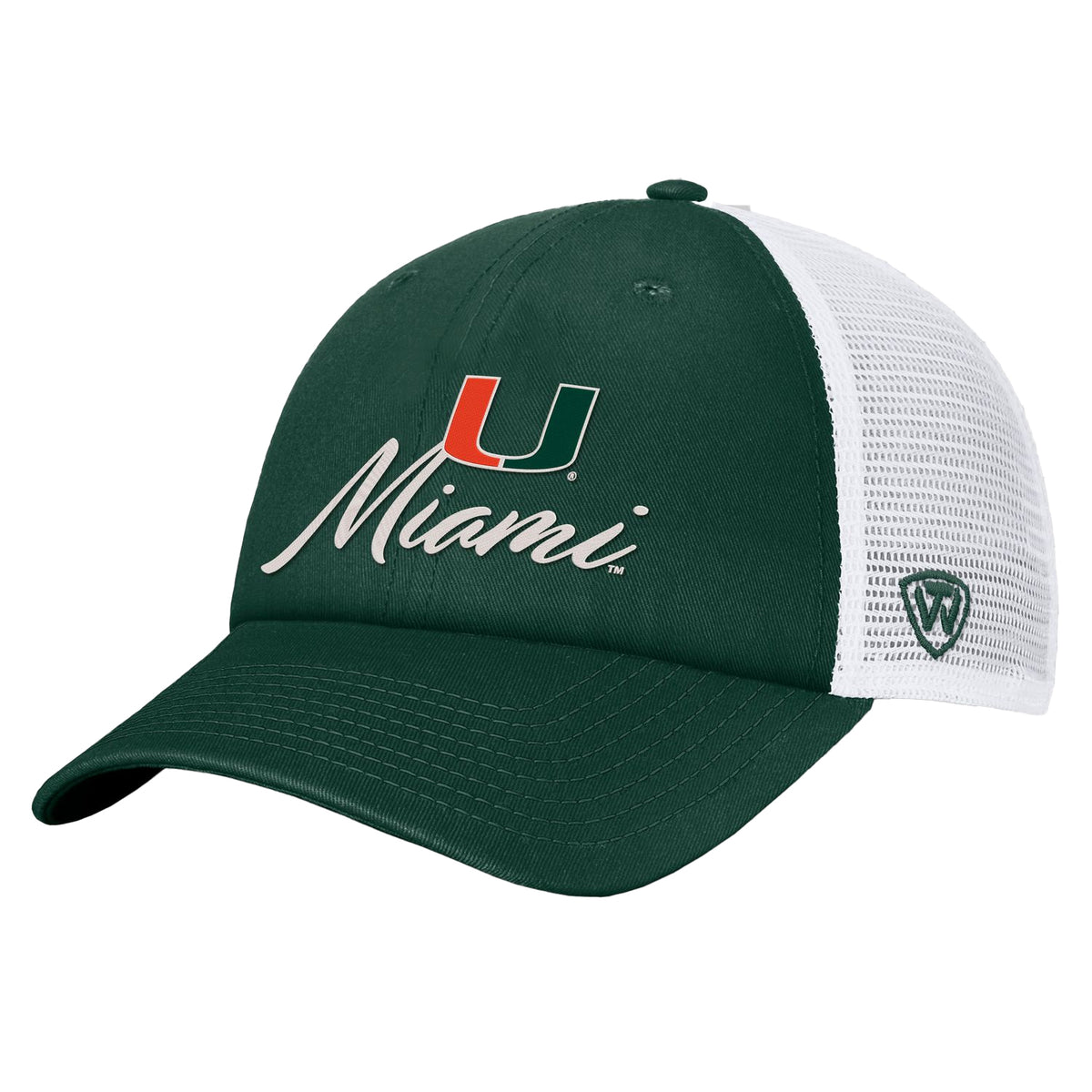 Top of the World Miami Hurricanes Women&#39;s Green &amp; White Trucker SnapBack Hat - Left Angled View