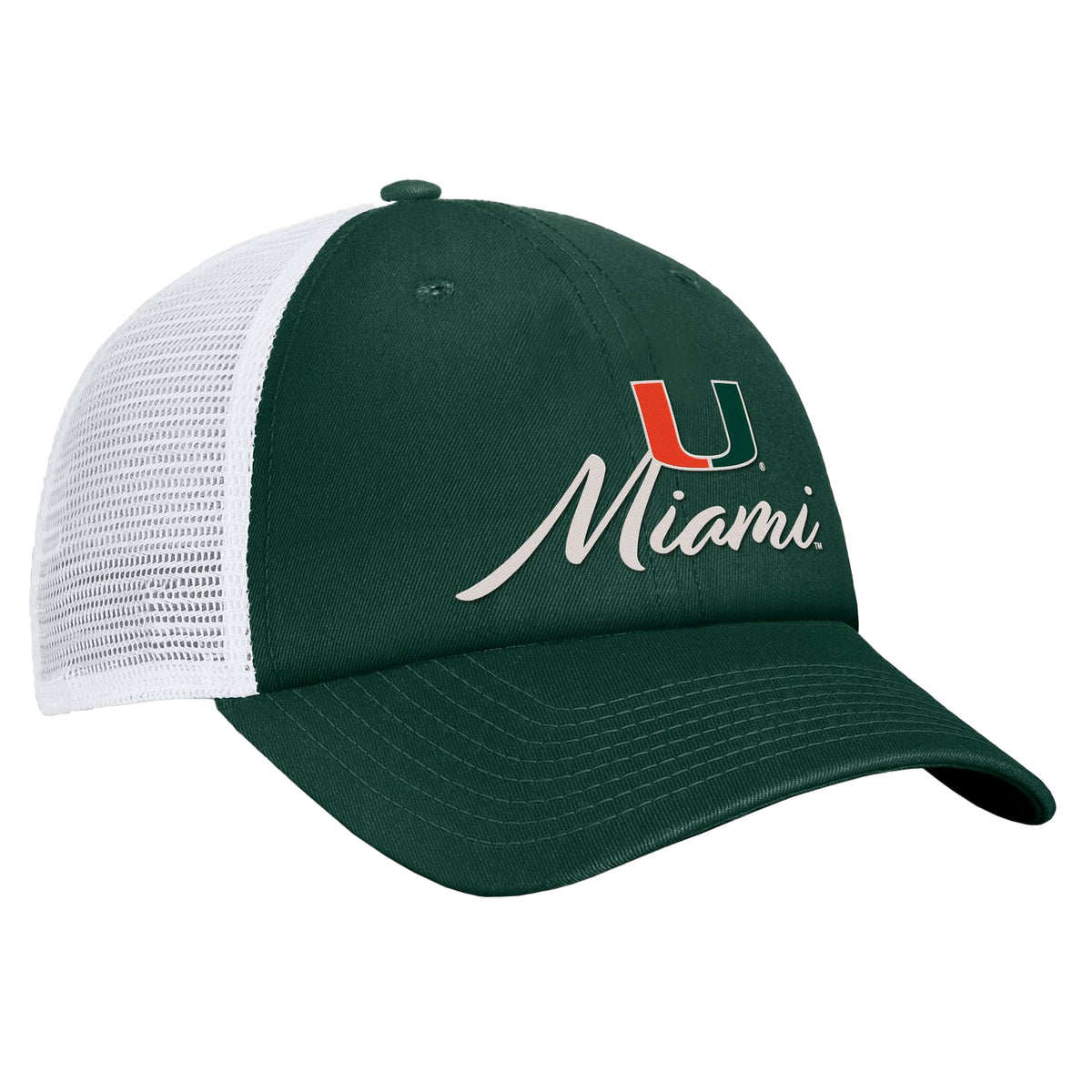 Top of the World Miami Hurricanes Women&#39;s Green &amp; White Trucker SnapBack Hat - Right Angled View