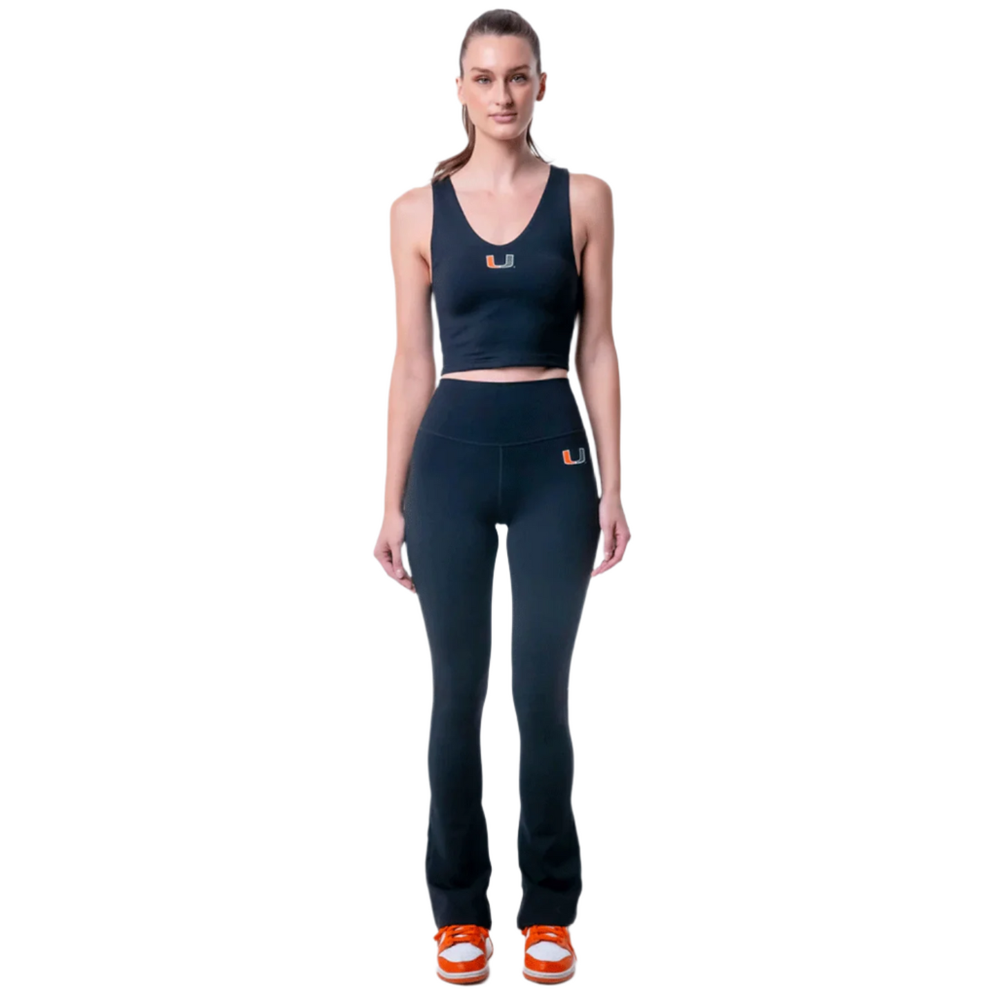ESTABLISHED & CO. Miami Hurricanes Women's Black Campus Rec Flare Leggings - Front Model View