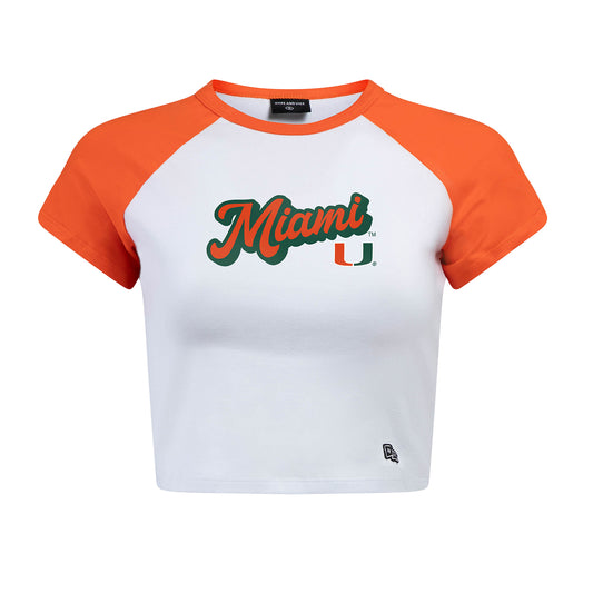 Hype & Vice Miami Hurricanes Women's White and Orange Miami Baseball Cropped T-Shirt