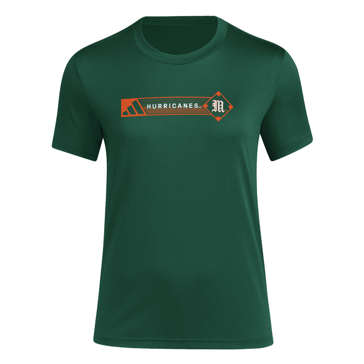 adidas Miami Hurricanes Women&#39;s Green AEROREADY Hurricanes Baseball Old English M T-Shirt - Front View