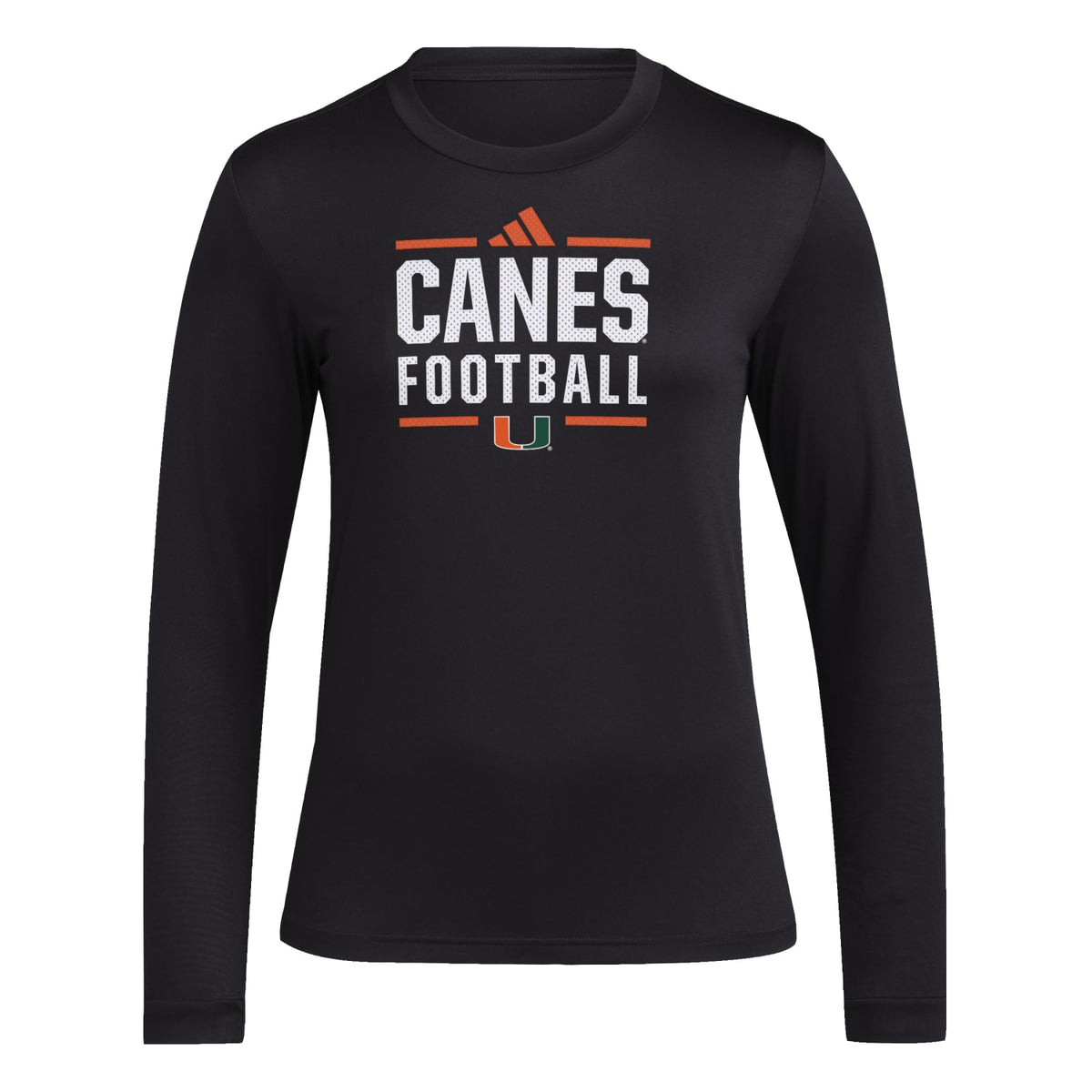 adidas Miami Hurricanes Women&#39;s Black AREOREADY  Canes Football Long Sleeve T-Shirt - Front View