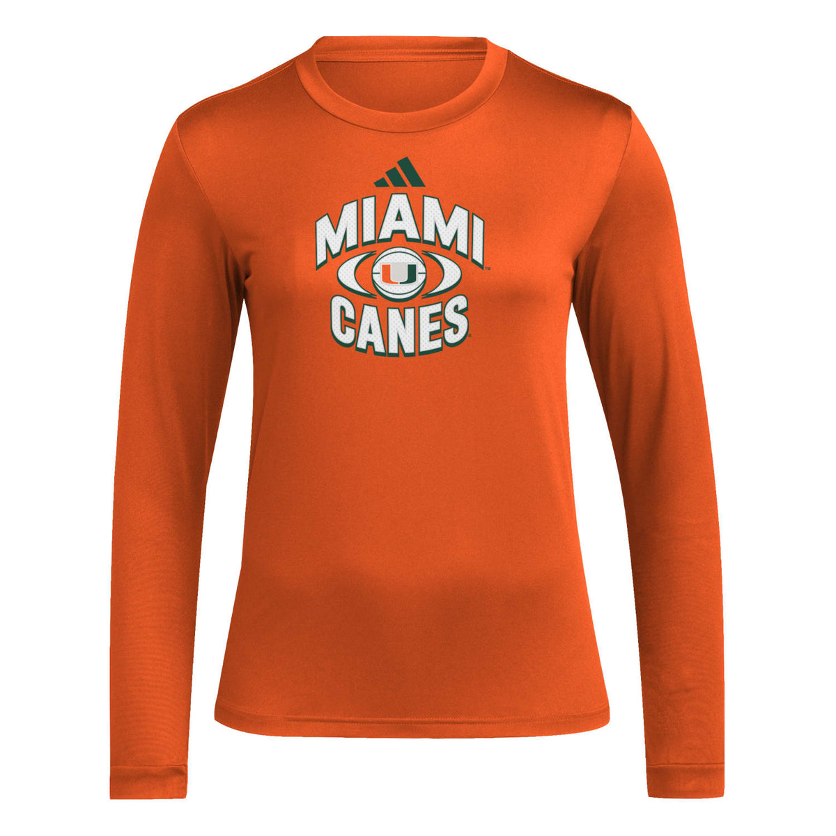 adidas Miami Hurricanes Women&#39;s Orange AREOREADY Miami Canes Basketball Long Sleeve Pregame T-Shirt - Front View