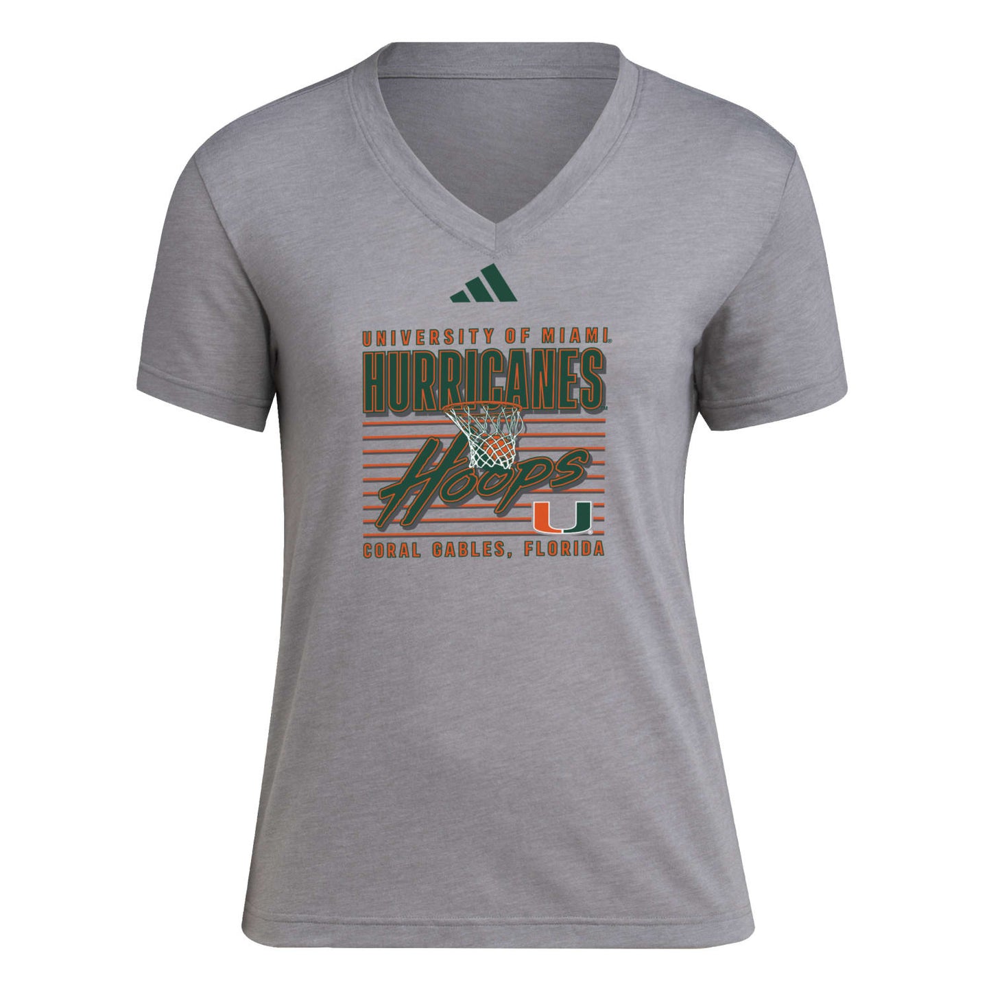 adidas Miami Hurricanes Women's Grey Hurricanes Hoops V-Neck T-Shirt