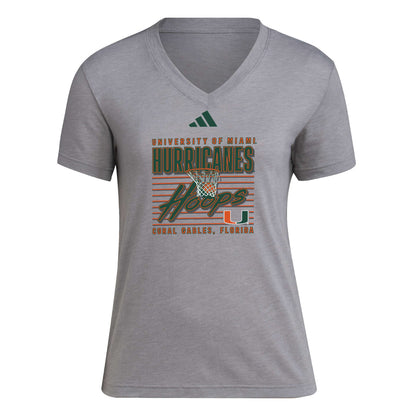 adidas Miami Hurricanes Women's Grey Hurricanes Hoops V-Neck T-Shirt
