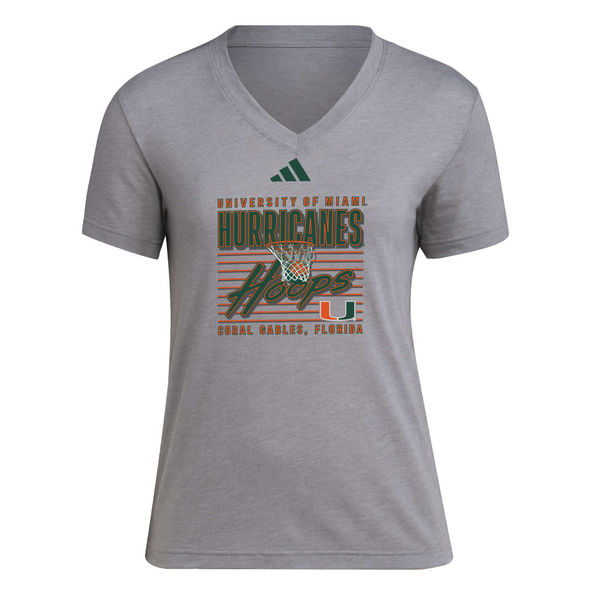 adidas Miami Hurricanes Women&#39;s Grey Hurricanes Hoops V-Neck T-Shirt