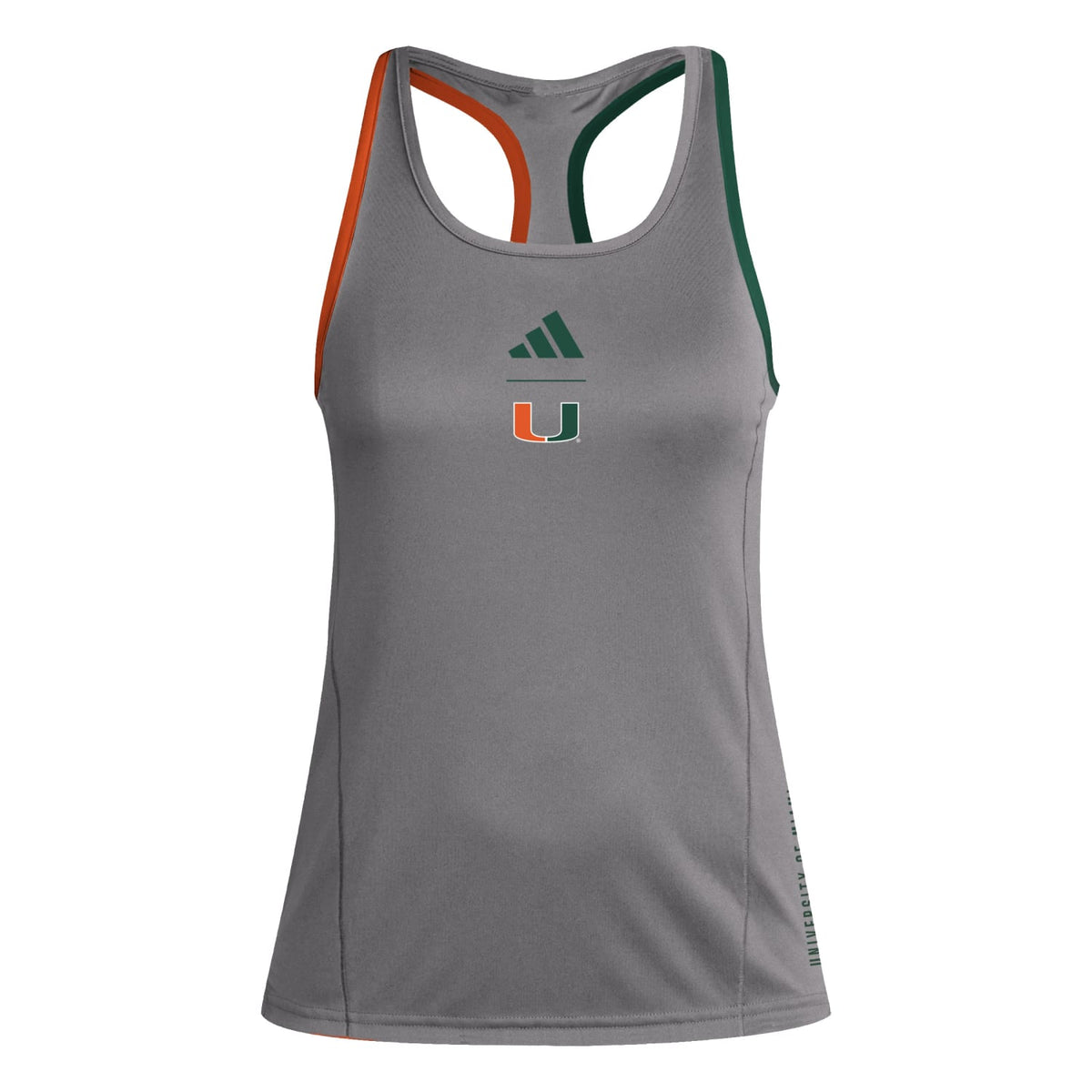 adidas Miami Hurricanes Women&#39;s Grey AEROREADY U Logo Racerback Tank Top - Front View