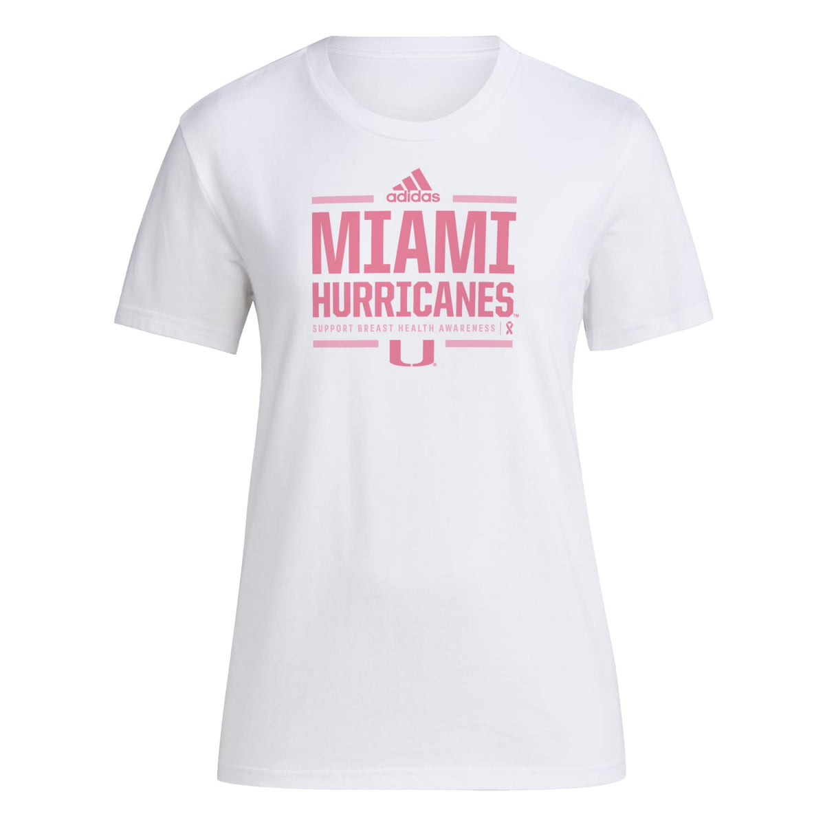 adidas Miami Hurricanes Women&#39;s White AEROREADY Breast Cancer Awareness Pregame T-Shirt - Front View