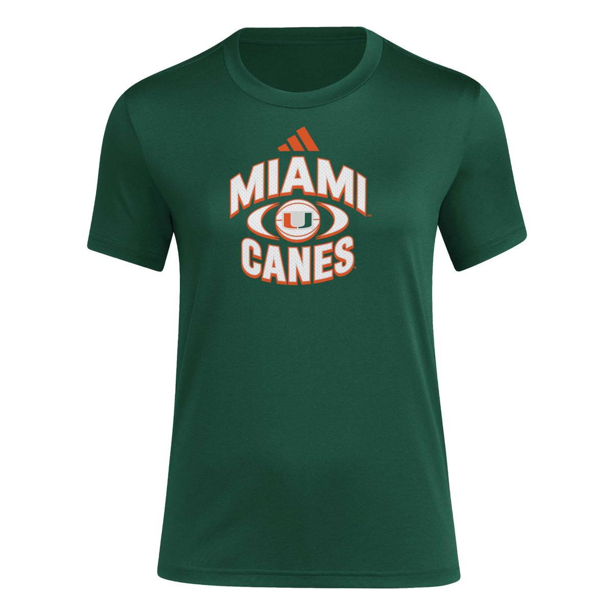 adidas Miami Hurricanes Women&#39;s Green AREOREADY Miami Canes Basketball Short Sleeve Pregame T-Shirt - Front View