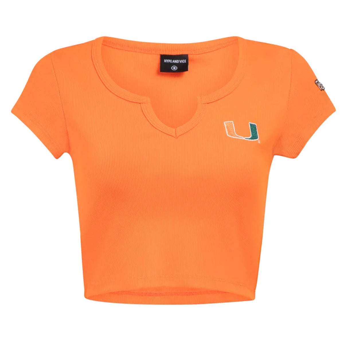 Hype & Vice Miami Hurricanes U Orange Cali Ribbed Cropped T-Shirt - Front View