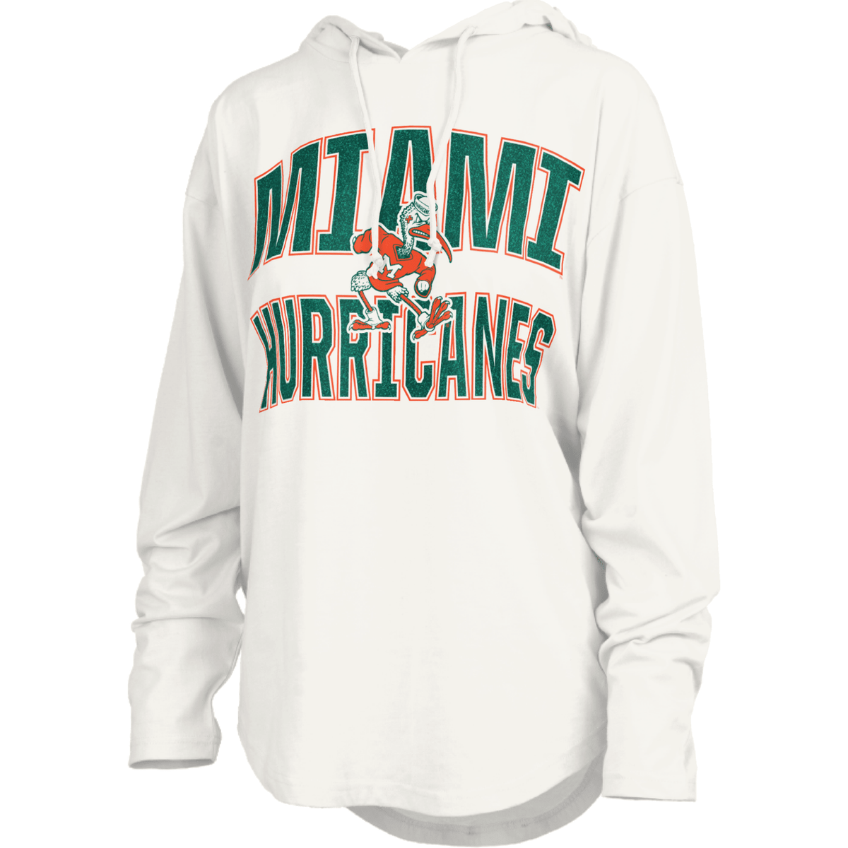 Pressbox Women&#39;s Miami Hurricanes Maxima Glitter White Hooded Long Sleeve T-Shirt